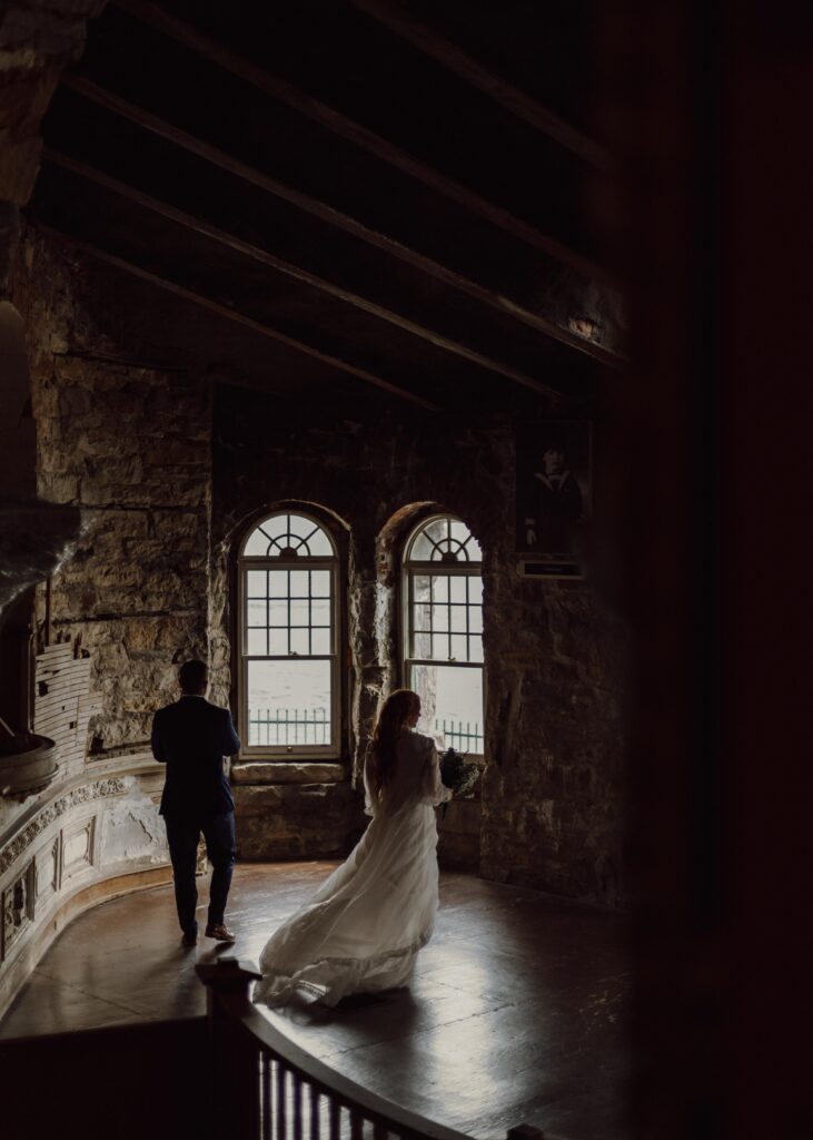 moody elopement photos at Boldt Castle 