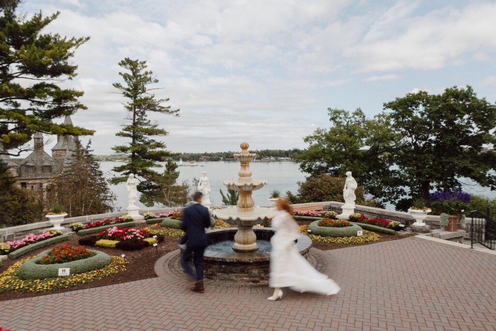 bride and groom motion blur at Boldt Castle Elopement