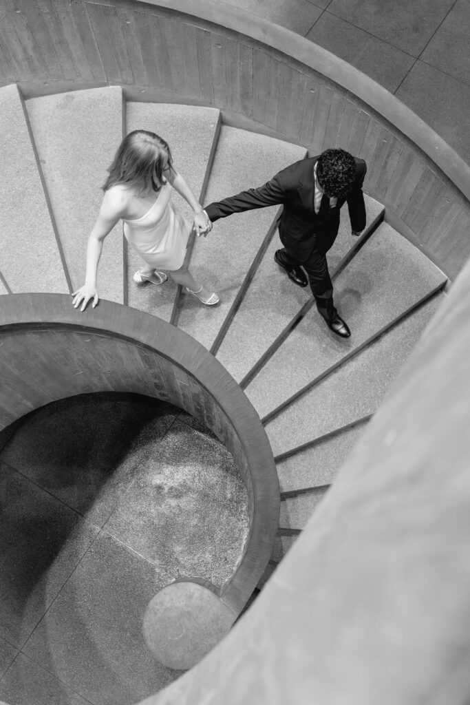 couple on stairs for Everson art museum engagement session 