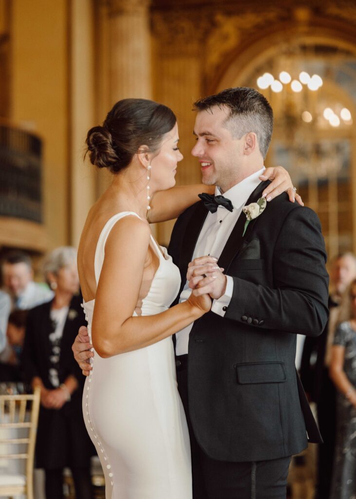 bride and groom first dance Hotel Syracuse wedding grand ballroom